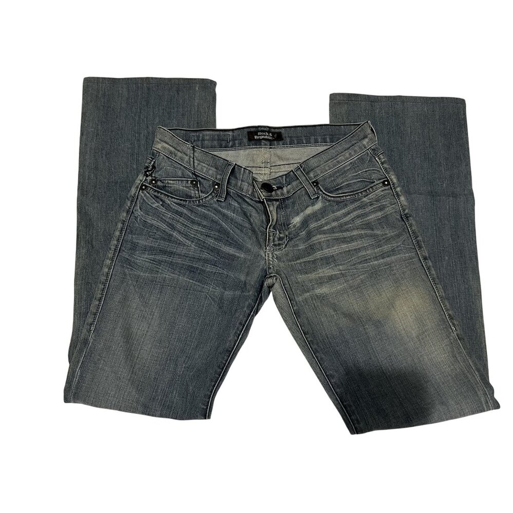 Rock & Republic Womens Distressed Straight-Leg Jeans Size 27 Blue Denim